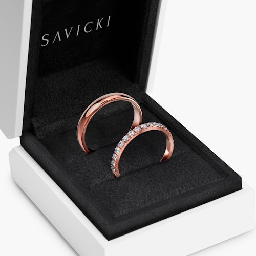 Obrączki ślubne The Light: różowe złoto, diamenty, półokrągłe, 1,5 mm i 3,5 mm